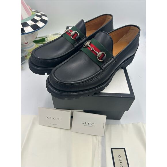 Men\'s Gucci lug sole web stripe horse bit loafers size 9 fits 9.5 US made Italy main image 6